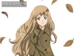  brown_hair coat happy kita_e leaf leaves long_hair shiraishi_karin simple_background smile wallpaper wind 