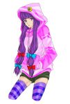  contemporary hands_in_pockets hood hooded_jacket jacket long_hair patchouli_knowledge purple_eyes purple_hair ribbon ribbons striped striped_legwear striped_thighhighs task_(artist) thigh-highs thighhighs touhou violet_eyes 