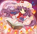  book bow dodecagram fire hair_bow hanabana_tsubomi hat magic_circle notenotenote open_book patchouli_knowledge pointing purple_background purple_eyes purple_hair touhou violet_eyes 