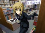  a_master_is_out aqua_eyes bad_id berserker_(fate/zero) blonde_hair book bookstore fate/stay_night fate/zero fate_(series) formal gloves pant_suit peeking_out saber shop stalking suit sweatdrop ubu 