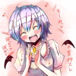  bat_wings blue_hair blush clapping closed_eyes happy remilia_scarlet short_hair tora touhou translation_request wings 