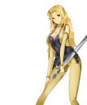  blonde_hair breasts celes_chere cleavage collar detached_sleeves elbow_gloves final_fantasy final_fantasy_vi gloves highres long_hair neoexdeath_(pixiv) solo sword vest weapon wink yellow_eyes 
