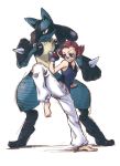  1girl barefoot fighting_stance gym_leader high_kick kick kicking lucario pokemon pokemon_(creature) pokemon_(game) pokemon_dppt red_hair redhead short_hair sketch sumomo_(pokemon) takanashi_ringo 