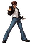  1boy belt black_footwear black_gloves black_jacket brown_eyes brown_hair closed_mouth eisuke_ogura fingerless_gloves fire full_body gloves hair_between_eyes highres jeans king_of_fighters king_of_fighters_xii kof_12 kusanagi_kyo kusanagi_kyou leather_jacket male official_art ogura_eisuke open_clothes open_jacket pants shirt short_hair simple_background snk solo standing white_background white_shirt 