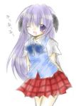  higurashi_no_naku_koro_ni horns long_hair lowres miniskirt plaid plaid_skirt purple_eyes purple_hair school_uniform skirt smile tartan violet_eyes wink 