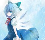  aqua_eyes blue_eyes bow cirno frozen hair_bow ice matyinging no_nose profile pyonta short_hair smile solo touhou wings 