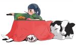  bad_id blue_hair blush cat cow food fruit guitar_(artist) holding japanese_clothes kimono kotatsu mandarin_orange mikan mouth_hold pigtail pocky remote side_ponytail socks solo table 