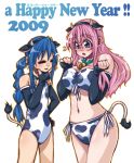  2girls animal_ears bell bikini blue_hair breasts cow_bell cow_ears cow_print cow_tail elbow_gloves flat_chest glasses gloves highres horns izumi_konata large_breasts long_hair lucky_star multiple_girls new_year one-piece one-piece_swimsuit pink_hair side-tie_bikini swimsuit tail takanashi_ringo takara_miyuki 