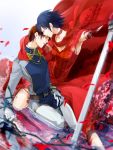  1boy 1girl blue_hair brown_hair cape choker closed_eyes couple dress elbow_gloves eren_jaeger frills gloves hetero mikasa_ackerman mogmahiru petals reflection scarf shingeki_no_kyojin short_hair sword water weapon 