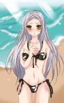  beach bikini blush grey_hair gundam gundam_00 honeylip long_hair ocean side-tie_bikini silver_hair soma_peries swimsuit yellow_eyes 