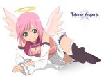  alternate_costume angel_wings breasts cleavage detached_sleeves estellise_sidos_heurassein green_eyes halo logo pink_hair rutarou tales_of_(series) tales_of_vesperia thigh-highs thighhighs title_drop wings zettai_ryouiki 