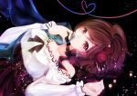  1girl bare_shoulders brown_eyes brown_hair covering_mouth dress flower frilled_dress frills hair_flower hair_ornament heart heart_of_string lights looking_at_viewer marble meiko ribbon solo totono vocaloid 