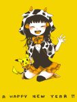  1girl bad_id buzz cow_print happy hikari_(pokemon) hood horns kneeling new_year pikachu pokemon pokemon_(creature) smile thighhighs wave waving 