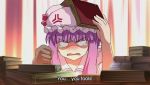  angry blush book cap hat maikaze object_on_head patchouli_knowledge ribbon ribbons screenshot subtitled tears touhou 