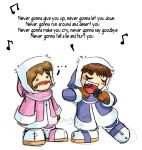  blush ice_climber ice_climbers microphone musical_note nana_(ice_climber) never_gonna_give_you_up popo_(ice_climber) rick_roll rickroll rickroll&#039;d singing 