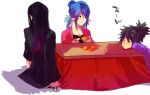  2boys bad_id black_hair food fruit judith kotatsu mandarin_orange mikan multiple_boys pointy_ears raven table tales_of_(series) tales_of_vesperia yuri_lowell 