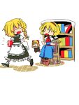  alice_margatroid bad_id blonde_hair book bookshelf braid chibi doll hachi_(8bit_canvas) hairband highres kirisame_marisa ribbon ribbons shanghai_doll short_hair touhou 