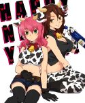  #1 animal_ears arch_(artist) bell bottle brown_hair cow_bell cow_ears cow_print earrings feldt_grace gloves green_eyes gundam gundam_00 haro horns jewelry kneeling long_hair midriff navel new_year pink_hair plum_(arch) sake sitting sumeragi_lee_noriega thigh-highs thighhighs 