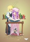  apron blonde_hair blush book brick_wall character_doll crescent doll dress embarrassed hair_ribbon hand_on_hip hat inkwell kirisame_marisa multiple_girls nanatsuki patchouli_knowledge purple_eyes purple_hair quill reading ribbon sitting table touhou violet_eyes witch_hat yellow_eyes 