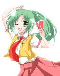  card cards green_eyes green_hair highres higurashi_no_naku_koro_ni holding holding_card kaname_(pixiv85395) kaname_ihnk long_hair necktie ponytail school_uniform sonozaki_mion wink 