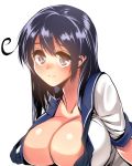  1girl black_eyes black_hair blush breasts cleavage gen_(black_factory) kantai_collection large_breasts leaning_forward long_hair open_clothes open_shirt school_uniform serafuku shirt simple_background solo upper_body ushio_(kantai_collection) white_background 