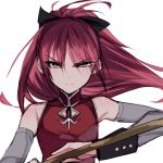  1girl absurdres bare_shoulders bow commentary hair_bow high_ponytail highres holding long_hair looking_at_viewer mahou_shoujo_madoka_magica misteor polearm red_eyes redhead sakura_kyouko sketch sleeveless solo soul_gem upper_body weapon white_background 