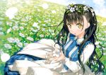  1girl absurdres bangs black_hair blush clouds collar day dress field flower frills hair_ornament head_wreath highres huge_filesize kantoku lace leaf long_hair looking_at_viewer nagisa_(kantoku) open_mouth original petals plaid sky solo two_side_up yellow_eyes 