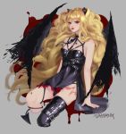  1girl alternate_eye_color animal_ears big_hair black_dress black_wings blonde_hair breasts cat_ears choker cropped_legs curly_hair damang demon_tail dress fang highres lipstick long_hair looking_at_viewer makeup red_eyes scar seeu short_dress signature single_thighhigh small_breasts solo tail thigh-highs vampire very_long_hair vocaloid wings 