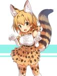  1girl animal_ears bangs bow bowtie commentary_request cowboy_shot cross-laced_clothes elbow_gloves fang fur_collar gloves high-waist_skirt highres ikomochi kemono_friends looking_at_viewer miniskirt open_mouth paw_pose serval_(kemono_friends) serval_ears serval_print serval_tail shirt short_hair skirt sleeveless sleeveless_shirt smile solo standing striped_tail tail thigh-highs white_background white_gloves white_shirt yellow_legwear yellow_skirt 