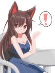  ! 1girl animal_ears ao_(aoblueao) breasts brown_hair cleavage collarbone dress imaizumi_kagerou large_breasts long_hair red_eyes sitting solo speech_bubble table touhou wolf_ears 