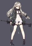  1girl bangs black_background black_boots black_shorts boots closed_mouth dress_shirt expressionless eyebrows_visible_through_hair full_body girls_frontline gun hair_ornament hairclip high_heel_boots high_heels holding holding_gun holding_weapon holster jacket kuro_(kuronell) legs_apart long_hair looking_at_viewer low_twintails machine_gun mg4_(girls_frontline) open_clothes open_jacket pigeon-toed shirt short_shorts shorts silver_hair simple_background solo standing thigh_holster thigh_strap twintails weapon white_shirt yellow_eyes 