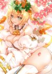  1girl ahoge ass bangs bare_shoulders blonde_hair blush breasts chains cleavage closed_mouth elbow_gloves fate/extra fate/extra_ccc fate_(series) flower gloves green_eyes highres large_breasts laurel_crown lock looking_at_viewer lying on_side padlock panties petals saber_bride saber_extra sheepd smile solo thigh-highs underwear veil white_gloves white_legwear white_panties zipper_pull_tab 