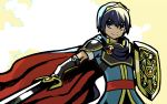  blessedwithluck blue_eyes blue_hair cape falchion_(fire_emblem) fire_emblem fire_emblem:_mystery_of_the_emblem gloves looking_at_viewer male_focus marth short_hair smile solo sword tiara weapon 