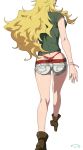  1girl belt blonde_hair boots bracelet from_behind green_shirt high_heel_boots high_heels hoshii_miki idolmaster jewelry kneepits long_hair shirt short_shorts short_sleeves shorts simple_background solo studded_belt suna thong walking wavy_hair white_background 