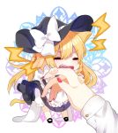  1girl animal_ears apron bite_mark blonde_hair bloomers bow braid cat_ears cat_tail chibi closed_eyes commentary_request fang hands hat hat_bow kemonomimi_mode kirisame_marisa long_hair nail_polish open_mouth puffy_sleeves renka_(sutegoma25) ribbon shirt short_sleeves side_braid single_braid skirt skirt_set solo_focus tail touhou underwear vest waist_apron witch_hat 