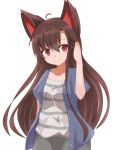  1girl ahoge animal_ears ao_(aoblueao) breasts brown_hair collarbone hand_in_hair highres imaizumi_kagerou jacket jewelry long_hair looking_at_viewer open_clothes open_jacket red_eyes ring simple_background solo touhou white_background wolf_ears 