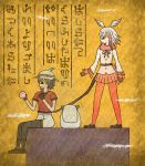  2girls 7kita backpack bag black_eyes black_gloves black_hair black_legwear black_shoes brown_shoes bucket_hat clenched_hand closed_eyes closed_mouth commentary_request crack egyptian_art food frilled_sleeves frills from_side full_body fur_collar gloves hat hat_feather head_wings hieroglyphics highres holding holding_food japanese_crested_ibis_(kemono_friends) japari_bun japari_symbol kaban_(kemono_friends) kemono_friends kita_(7kita) legs_apart long_hair long_sleeves lucky_beast_(kemono_friends) mary_janes multiple_girls orange_skirt pantyhose pleated_skirt profile red_gloves red_legwear red_shirt redhead rope rope_around_waist shirt shoes short_hair short_sleeves sitting skirt standing tail two_side_up white_hair white_shirt white_shoes yellow_background 