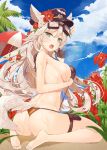  1girl animal_ears aqua_eyes ass barefoot bikini black_gloves blonde_hair blush breasts clouds company_name covering covering_breasts day flower from_behind gloves goggles goggles_on_head hair_flower hair_ornament hat holster large_breasts long_hair looking_at_viewer looking_back mx2j_(nsh6394) open_mouth orange_bikini qurare_magic_library sitting sky sling_bikini solo sparkle swimsuit tail thigh_holster toes umbrella veins wariza 