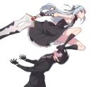  1boy 1girl black_dress black_gloves black_hair black_legwear black_ribbon breasts closers dress formal frilled_dress frills gloves grey_eyes hair_ribbon holding holding_sword holding_weapon kneehighs long_hair medium_breasts motion_blur ribbon shoes sideboob silver_hair simple_background stepped_on suit supernew sword violet_(closers) weapon white_background 