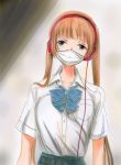  arisugawa_nino blue_eyes bow bowtie brown_hair commentary_request face_mask fukumenkei_noise grey_eyes headphones highres long_twintails marker_(medium) mask potekite school_uniform traditional_media 