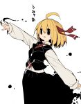  1girl :d ahoge arm_up azumaya_toushirou bad_id bad_twitter_id bangs black_skirt black_vest blonde_hair bob_cut buttons chain hair_ribbon highres long_sleeves necktie open_mouth red_necktie red_ribbon ribbon rumia shirt short_hair sidelocks simple_background skirt smile solo touhou translated vest white_background white_shirt |_| ||_|| 