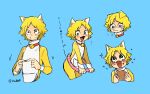  1boy animal_ears blonde_hair blue_background cat_ears character_sheet doraemon doraemon_(character) dorayaki food highres hoop inahara jumpsuit male_focus personification pocket sad simple_background solo sparkle twiddling_fingers wagashi whisker_markings 
