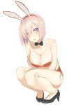  1girl alternate_costume animal_ears bare_legs bare_shoulders breast_hold breasts bunny_girl bunny_tail bunnysuit collarbone detached_collar fate/grand_order fate_(series) full_body hair_over_one_eye high_heels highres large_breasts leotard looking_at_viewer off_shoulder parted_lips pumps purple_hair rabbit_ears red_leotard shielder_(fate/grand_order) short_hair solo tail thighs throtem violet_eyes wrist_cuffs 