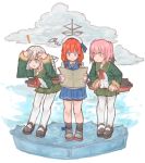  ! 3girls :i annoyed az_toride beret blue_eyes braid brown_eyes clouds colored_tips dress etorofu_(kantai_collection) fog green_eyes hands_on_hips hat kantai_collection kunashiri_(kantai_collection) leaning_forward looking_at_map map mary_janes multiple_girls orange_hair pantyhose pink_hair sailor_dress shading_eyes shimushu_(kantai_collection) shoes silver_hair standing standing_on_liquid water white_legwear 