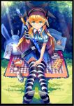  1girl :3 :d ^_^ alice_(wonderland) alice_in_wonderland aqua_eyes belt black_ribbon blonde_hair blue_skirt blush border bottle breasts bush cake candy closed_eyes closed_mouth collared_shirt cup doughnut feet food from_above grass hair_between_eyes hair_ribbon headphones holding holding_sword holding_weapon knees_together_feet_apart letter lollipop long_hair looking_at_viewer medium_breasts no_shoes open_mouth plaid plaid_skirt puffy_short_sleeves puffy_sleeves qihai_lunpo rabbit ribbon saucer shirt short_sleeves sitting skirt slice_of_cake smile striped striped_legwear striped_shirt sunlight swirl_lollipop sword teacup thigh-highs vertical-striped_shirt vertical_stripes weapon wing_collar 