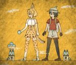  2girls 7kita animal_ears backpack bag bare_shoulders basket black_eyes black_gloves black_hair black_legwear blonde_hair bow bowtie brown_shoes bucket_hat clenched_hand closed_mouth commentary crack egyptian_art elbow_gloves food from_side full_body gloves hat hat_feather high-waist_skirt highres holding holding_food japari_bun kaban_(kemono_friends) kemono_friends kita_(7kita) legs_apart lucky_beast_(kemono_friends) multiple_girls on_head pantyhose profile red_shirt serval_(kemono_friends) serval_ears serval_print serval_tail shirt shoes short_hair short_sleeves skirt sleeveless sleeveless_shirt standing striped_tail tail thigh-highs white_shirt white_shoes yellow_background 