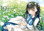  1girl absurdres bangs black_hair blush calendar clouds collar day dress field flower frills hair_ornament head_wreath highres huge_filesize kantoku lace leaf long_hair looking_at_viewer nagisa_(kantoku) open_mouth original petals plaid sky solo two_side_up yellow_eyes 