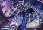  1girl blue_eyes blush brown_hair highres looking_away looking_up night observatory observatory_dome original remosse512 scenery short_hair sitting sky solo star_(sky) stargazing stepladder telescope 