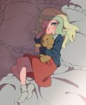  1girl bed blonde_hair blue_eyes blush bokujoukun crying diana_cavendish full_body little_witch_academia long_hair looking_at_viewer solo younger 