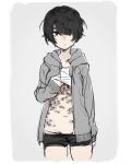  1girl black_eyes black_hair black_shorts extra_eyes grey_background hair_over_one_eye highres hood hoodie messy_hair navel open_clothes open_hoodie original ouchi_kaeru parted_lips shirt_lift short_hair short_shorts shorts simple_background sketch sleeves_past_wrists solo tank_top trypophobia two-tone_background very_short_hair white_background 